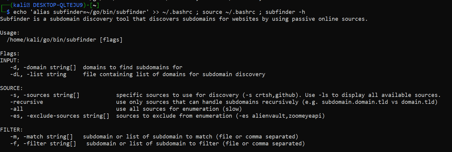 In Master subdomain hunting part 2. Creating alias for subfinder tool in kali linux, ubuntu, wsl and etc. in bash and zsh as well with commands.